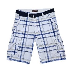 Y2K Men's Cargo Shorts 32x11 Plaid Blue White Belted Cotton Nylon Baggy Skater